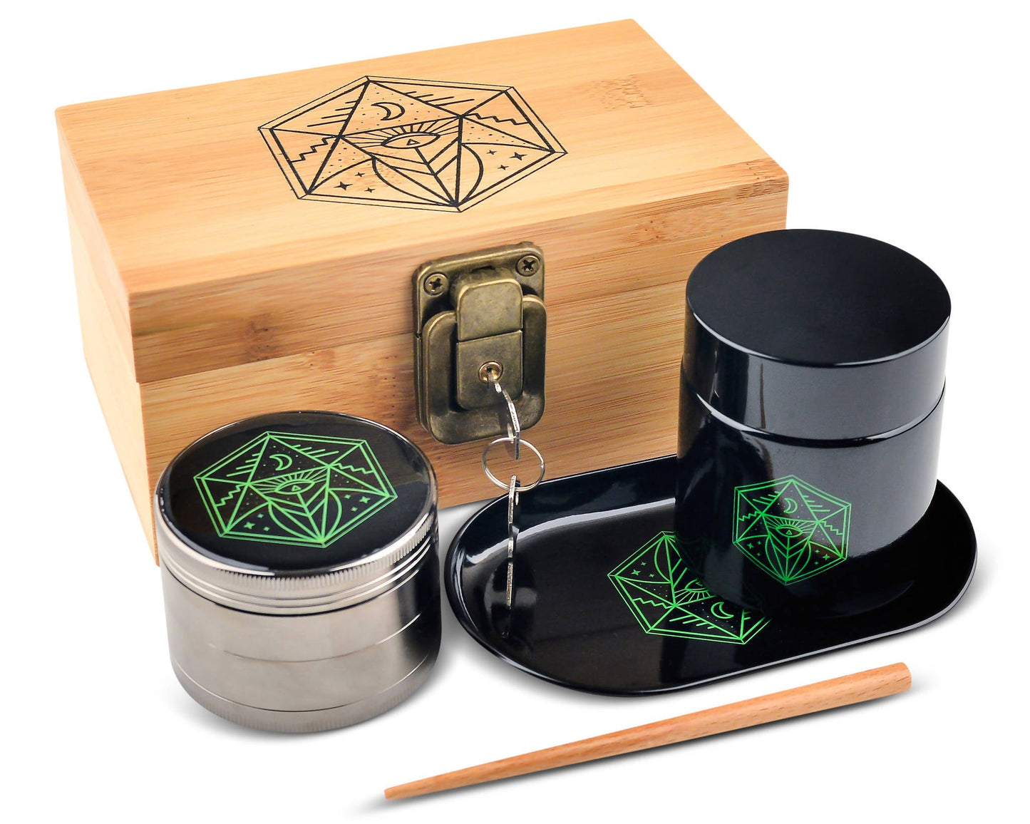 Vintage Bamboo Stash Box Set – Lockable Smell-Proof Kit with Grinder, Tray & Jar