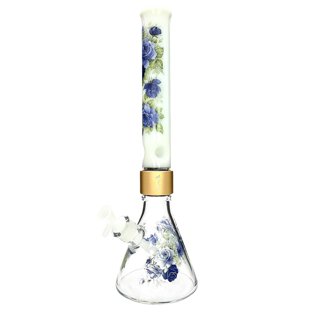 Prism Pipes Halo Moonlight Rose Beaker Bong – 17.8” Custom Floral Glass Bong with Gold Connector