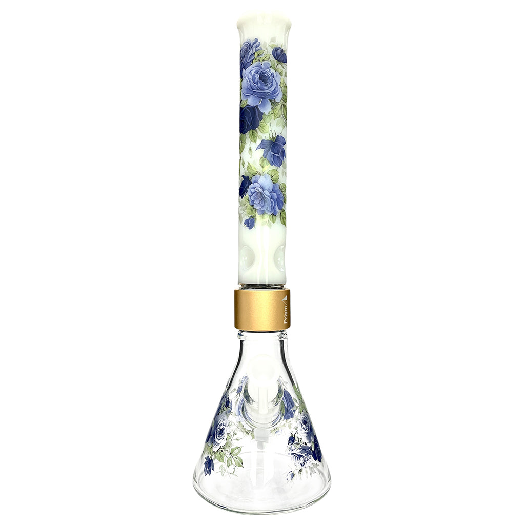 Prism Pipes Halo Moonlight Rose Beaker Bong – 17.8” Custom Floral Glass Bong with Gold Connector