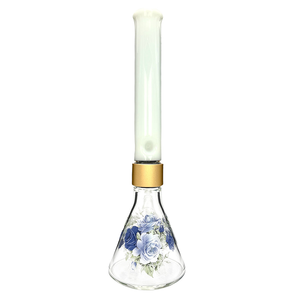 Prism Pipes Halo Moonlight Rose Beaker Bong – 17.8” Custom Floral Glass Bong with Gold Connector