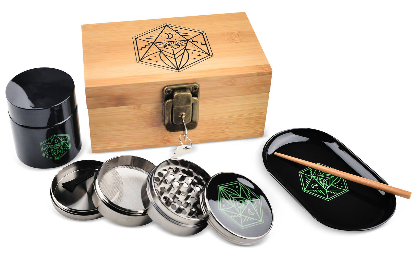 Vintage Bamboo Stash Box Set – Lockable Smell-Proof Kit with Grinder, Tray & Jar