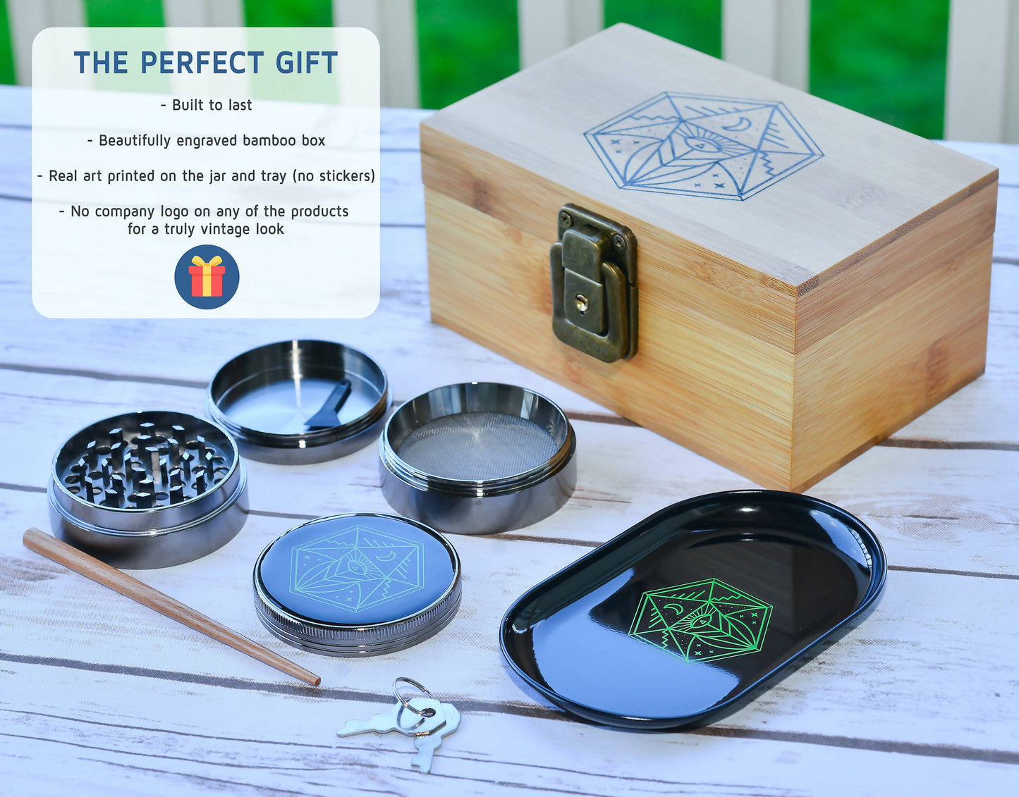 Vintage Bamboo Stash Box Set – Lockable Smell-Proof Kit with Grinder, Tray & Jar
