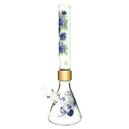 Prism Pipes Halo Moonlight Rose Beaker Bong – 17.8” Custom Floral Glass Bong with Gold Connector