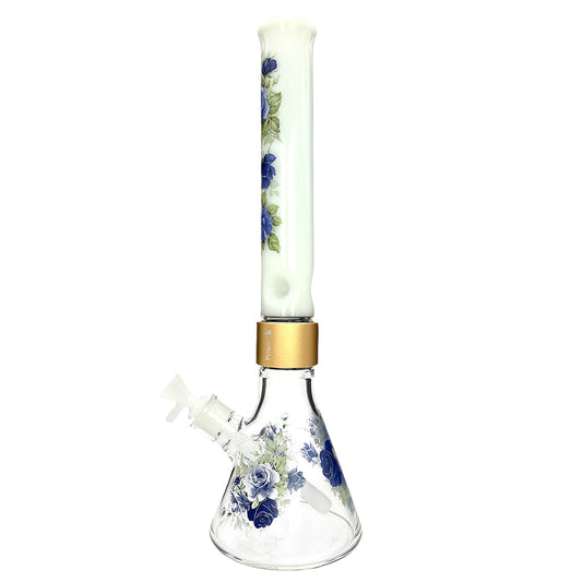 Prism Pipes Halo Moonlight Rose Beaker Bong – 17.8” Custom Floral Glass Bong with Gold Connector