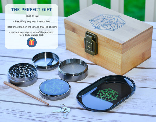 Vintage Bamboo Stash Box Set – Lockable Smell-Proof Kit with Grinder, Tray & Jar